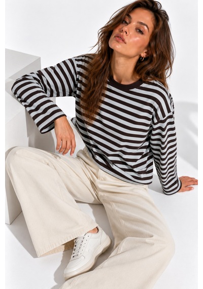 Wild Bee Kadın Açık Mavi Kahverengi Çizgili Pamuklu Bisiklet Yaka Oversize Bluz