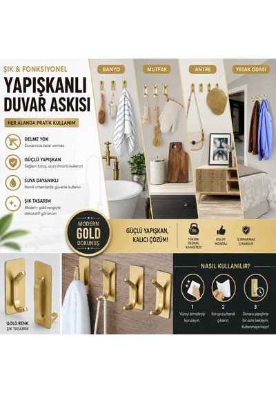 Microcase Yapışkanlı Metal Banyo Mutfak Eşya Havlu Vb Ürün Askılığı Gold 2 Adet Al002 Altın