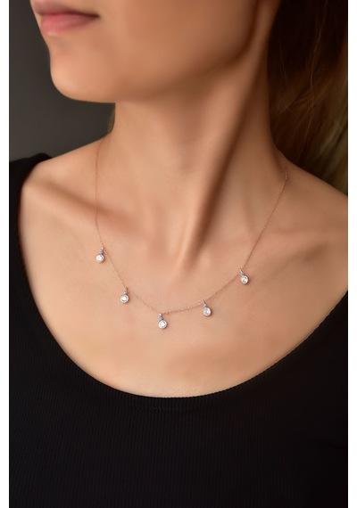 Papatya Silver 925 Ayar Gümüş Rose Kaplama Mineli Gözlü Yuvarlak Zirkon Taşlı Sallantılı Kolye