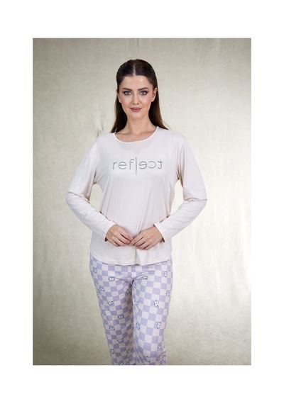 Estiva Kadın Kareli Alt Desenli Soft Uzun Kollu Pijama Takımı Bej