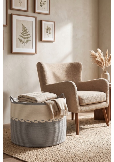 Villadia Home Textile Hasır Sepet Çok Amaçlı Çamaşır Oyuncak Battaniye Kıyafet Depolama Sepeti Dekoratif Organizer 3202sepet