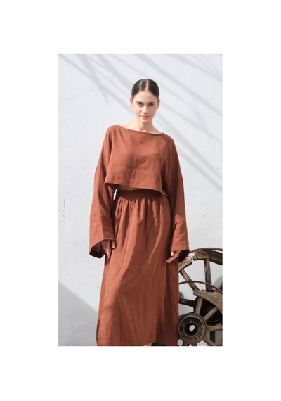 Unika Boutique Ham Keten Bohem Bluz Etek Takım kahverengi