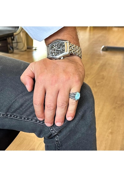 925 Ayar Gümüş Erkek Yüzük, Doğal Taşlı, El Yapımı Vintage Tasarım Pençeli Yüzük Larimar Gümüş