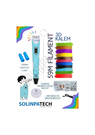 Mavi 3D Kalem 3D Pen Yazıcı Kalem | 10 Adet 5 Metre (Toplam 50 Metre) Filament + USB KABLO