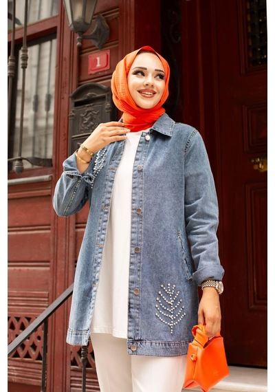 Harman Butik Kadın Boncuk Detaylı Denim Kot Ceket Mavi Mavi