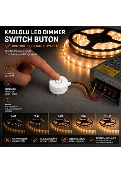 Powermaster Pm-30802 3.7-4.2v 10mm Kablolu Beyaz Led Dimmer Switch Buton