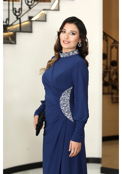 Raika Moda Taş Detaylı Lavinni Tesettür Abiye Elbise İndigo