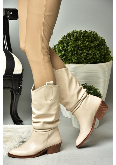 Fox Shoes R280080509 Bej Alçak Topuklu Büzgülü Kadın Çizme Bej