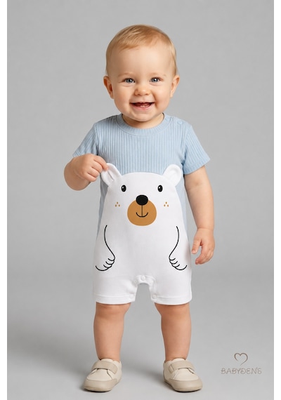Babyden's Erkek Bebek Ayıcık Baskılı Kısa Kollu %100 Pamuk Yazlık Bebek Tulumu Yenidoğan Günlük Tulum 0-9 Ay Bebe Mavi
