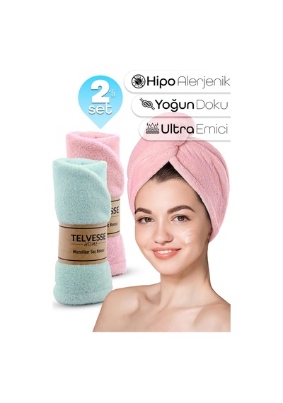 2li Set Mikrofiber Saç Havlusu Plaj Deniz Havuz Bonesi Banyo Saç Kurutma Baş Havlusu Turkuaz-pembe Pembe