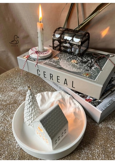 Dağ Görünümlü Tabak Çukur Ev Şeklinde Tealight Mumluk Çam Ağacı Dekor Set