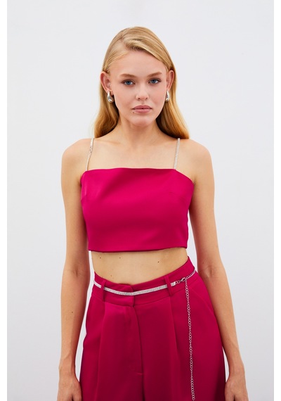 Sateen Taş Askılı Saten Crop Bluz - Mercan-134982 MERCAN