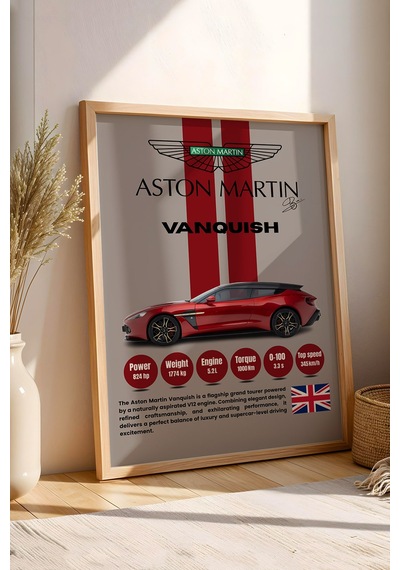 Aston Martin Vanquish Araba Tablosu - Teknik Özellikli Otomobil Poster - Çerçeveli Duvar Dekoru Kayın