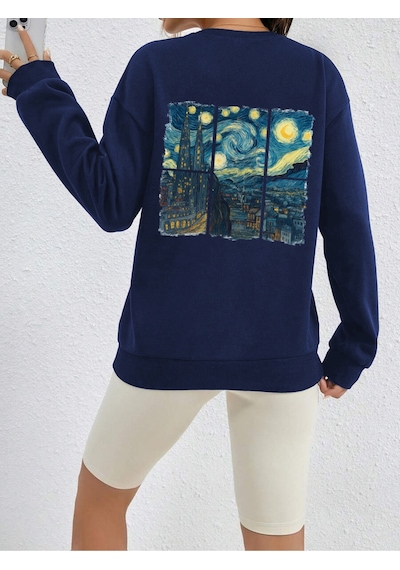 Uyguntarz Unisex Vangogh Baskılı Tasarım Oversize Sweatshirt Lacivert