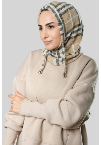 Hürrem Bone Bej Bağcıklı Balaklava Boyunluklu Bere Jakar Ekoseli 2323 12 Bej
