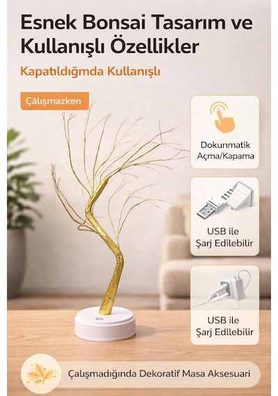 Masaüstü Peri Ağaç Led Lamba, Gün Işığı Rengi, 3 Kademeli Işık Ayarlı, Şarjlı Dekoratif Ortam A Tek Renk