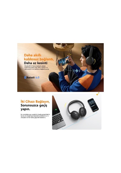 H2s Lite 6.0 Bluetooth Kulaklık Enc Net Çağrı - Çift Cihaz 40 Mm Dinamik Sürücü - 60 Saat Dinle Siyah