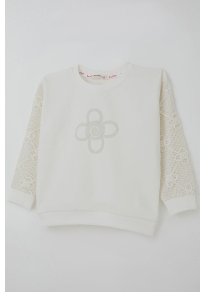 Breeze Kız Çocuk Sweatshirt Kolları Çiçek Aplike İşlemeli File Detaylı 5-10 Yaş, Ekru Ekru