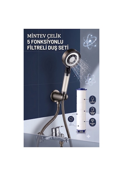 5 Fonksiyonlu Filtreli Çelik Model Turbo Jet Komple Duş Seti Siyah Hortum Ve Mafsal Çok renkli