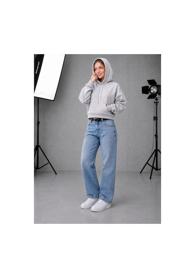 Herkesemoda Kadın Cepli Kapüşonlu 2 İplik Şardonlu Crop Boy Oversize Sweatshirt Gri
