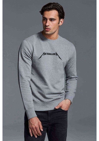 Metallica Baskılı Gri Melanj Erkek Örme Sweatshirt (528594157)