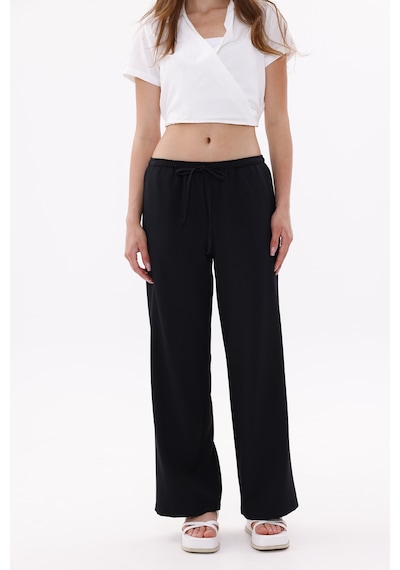 Genius Store Kadın Pantolon Geniş Paça Pamuklu Viskon Cepli Pantolon Beli Lastikli Genişpaça-pantolon Siyah