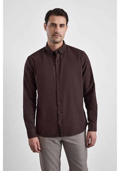 Süvari Koyu Kahve Slim Düğmeli Yaka Düz Casual Gömlek Gm2008000264-kh9