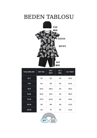 My Kids Wear Kız Çocuk Desenli Şortlu Bone Li Mayo Takımı 12573 Siyah