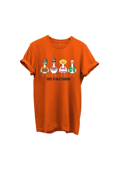 Just A Silly Goose Yazılı Eğlenceli Kaz Karakterleri Baskılı %100 Pamuk Regular Fit Unisex T-shirt Turuncu