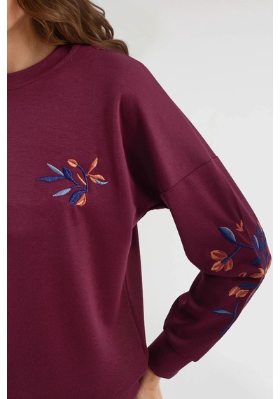 Hiccup Modal Dokulu İşlemeli Bisiklet Yaka Sweatshirt Berşan Collection Bordo Kırmızı