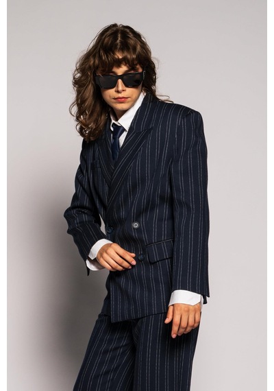 Kadın Lacivert Çizgili Oversize Blazer Lacivert