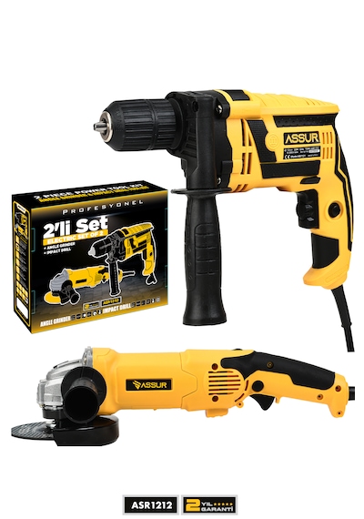 Assur Profesyonel ASR1212 Elektrikli Taşlama + Matkap Sarı 2'li Set