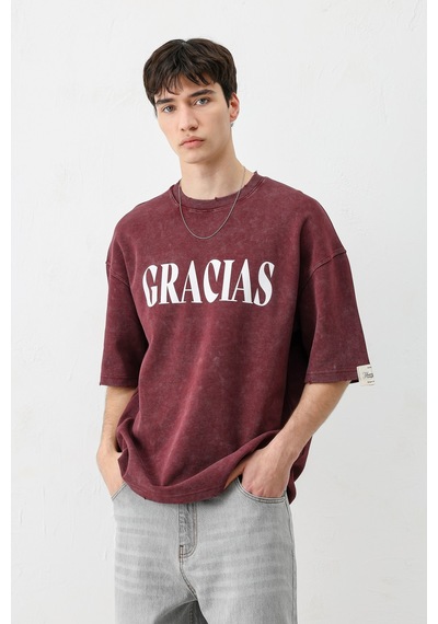 Vamos Oversize Baskılı Tişört V70-143 Bordo