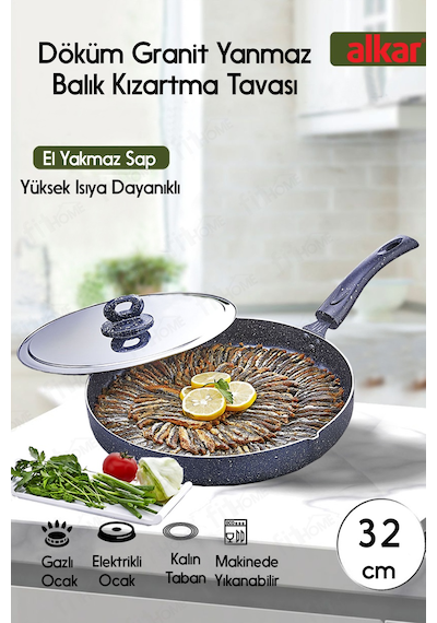 32 Cm Granit Döküm Yanmaz Yapışmaz Balık Kızartma Tavası Metalik