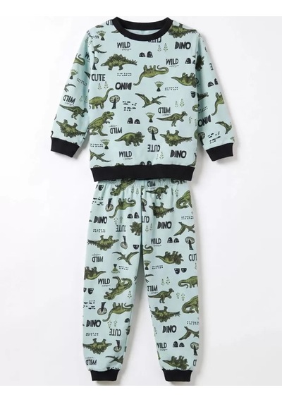 Veraura Lifestyle 4/10 Yaş Dino Baskılı Pamuk Penye Çocuk Pijama Takımı Yeşil