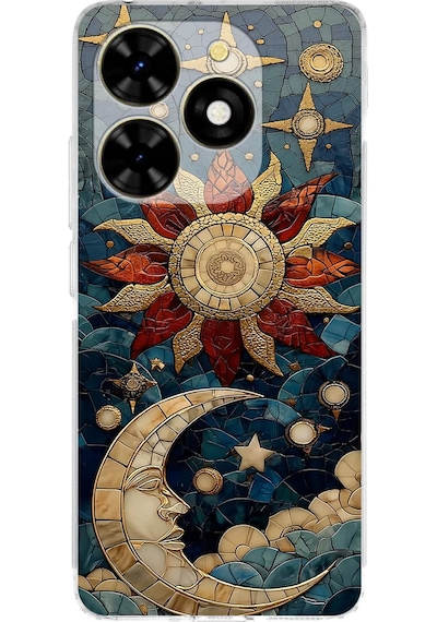 Printify Tecno Spark Go 2024 İle Uyumlu Vitray Sol Ve Luna Tasarımlı Şeffaf Silikon Kılıf Şeffaf