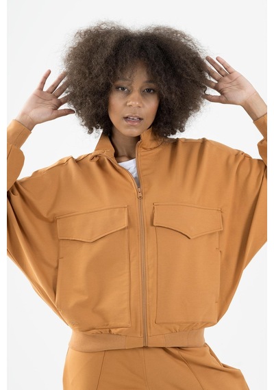 Maraton Sportswear Oversize Kadın Dik Yaka Uzun Kol Basic Karamel Tracktop 22176-karamel Karamel