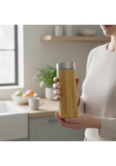 450 Ml Bambu Kaplamalı Çelik Termos - Klasik Bardak Kapaklı Sıcak Ve Soğuk Tutucu Seyahat Termosu Çok Renkli