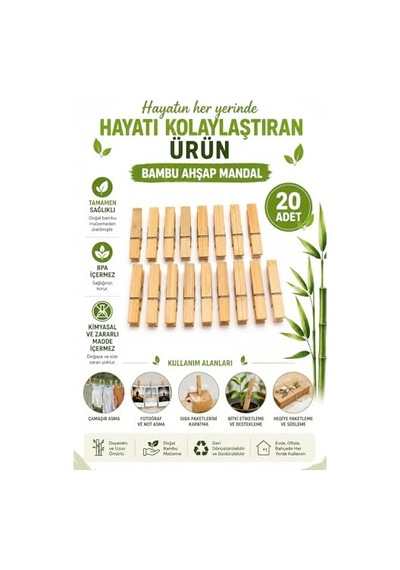 20 Adet Bambu Ahşap Mandal Doğal Çamaşır Mandalı Bpa İçermez Çok Amaçlı Dekoratif Hobi Ve Paketleme Kullanımı 40 x 19