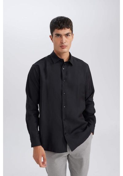 Defacto Siyah Relax Fit Polo Yaka Twill Modal Karışımlı Basic Düz Uzun Kollu Gömlek D3376AX24AUBK26 Siyah