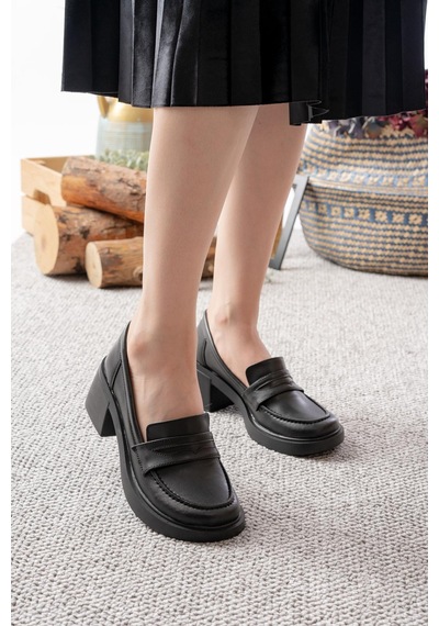 Asmi Shoes Kadın Melina Siyah Cilt 6 Cm Topuklu Loafer Ayakkabı Siyah Siyah
