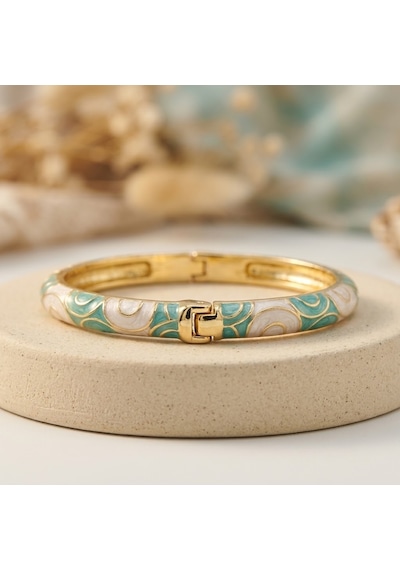 Turkuaz & Beyaz Mineli Vintage Kelepçe Bileklik - Geometrik Dalga Desenli Kadın Takı Hediyelik Gold
