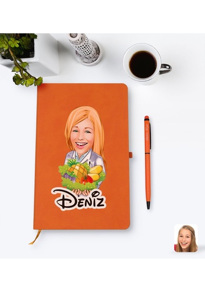 Kişiye Özel Kadın Diyetisyen Karikatürlü Turuncu Termo Deri Defte