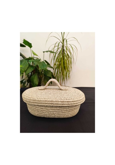 Hasır Jüt Sepet Oval Kapaklı Organizer Düzenleyici 30x20x10 Cm Taş Taş