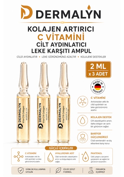 Dermalyn 3 Adet Kolajen Artırıcı C Vitamini Cilt Aydınlatıcı Leke Karşıtı Ampul Serum Dermaroller Dermapen