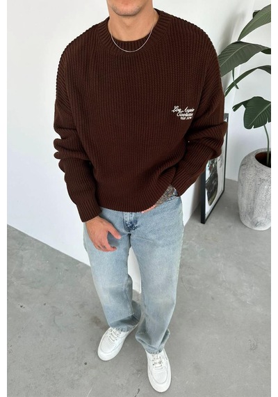 Kahverengi Los Angeles Nakış Oversize Triko Kazak Kahverengi