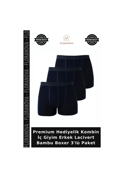 Floranova Premium Hediyelik Kombin İç Giyim Erkek Lacivert Bambu Boxer 3'lü Paket