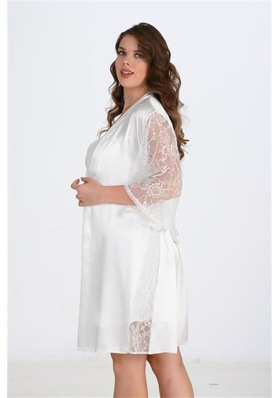 Aria's Closet Premium Büyük Beden Saten Dantel İşlemeli Ekru 2'li Gecelik Sabah Aria's Closet Premium Büyük Beden Saten Dantel İşlemeli Ekru 2'li Gecelik Sabah