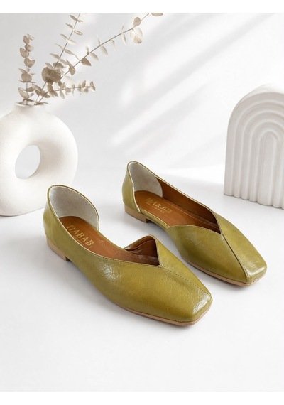 Dabab Shoes Dante Kadın Yağ Yeşili Kırışık Rugan Kare Burun Düz Taban Günlük Casual Babet Ayakkabı Yeşil