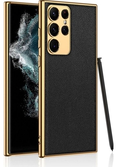 Galaxy S23 Ultra Kılıf Deri Görünümlü Kenarları Elektroplating Kaplama Zore Fizyon Kapak Siyah